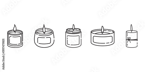 Set of Simple Line Art Burning Candles Outline Vector Icons
