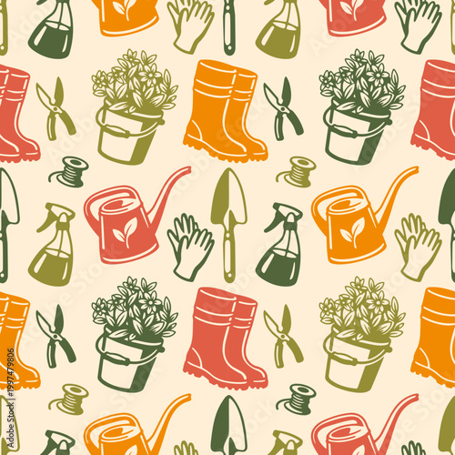 Light gardening seamless pattern featuring watering can, gloves, potted plant, seeds, boots, and tools. Perfect spring background for fabric, wallpaper, or packaging.