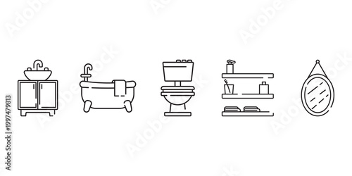 Bathroom Interior Furniture Icons Set Line Art