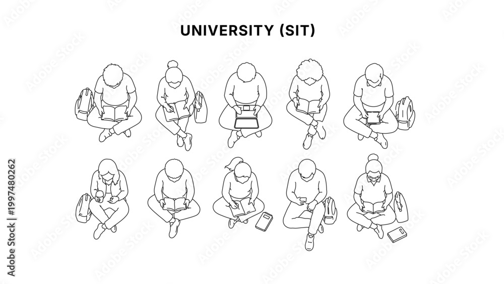 Naklejka premium Top view line illustration of sitting people set, diverse characters with bags and books in overhead perspective, clean minimal outline style for urban and architectural drawing use
