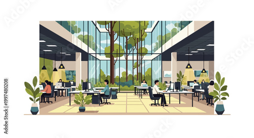 Biophilic Office: Modern Green Workplace with Employees Working on Computers, Nature Integration for Productivity and Well-being