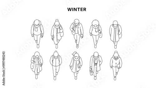 Top view architectural line illustration of people in winter outfits walking, coats and scarves, overhead perspective for urban lifestyle, cold weather and architectural drawing use