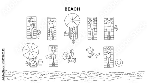 Top view line illustration of people relaxing on beach with umbrella, sunbathing and summer leisure activities, overhead perspective in clean minimal outline style
