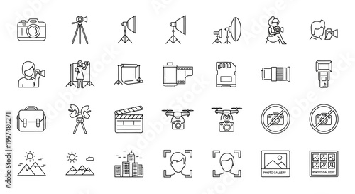 Photography and videography outline icons set on white background