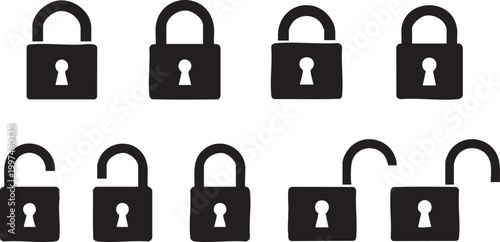 Black and white padlock icons security protection and locking mechanisms displayed