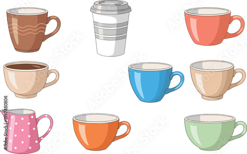 Coffee Cup Illustration Set Featuring Colorful Ceramic Mugs, Takeaway Coffee Cup and Teapot with Cozy Beverage Elements for Cafe and Kitchen Design.
