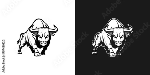 Bull illustration powerful animal mascot logo concept black and white