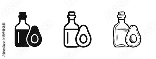 Natural Avocado Oil Bottle and Fresh Fruit Icon Set