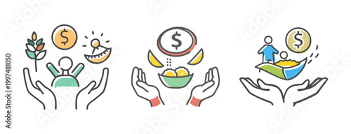 Hands holding icons representing poverty alleviation and financial support