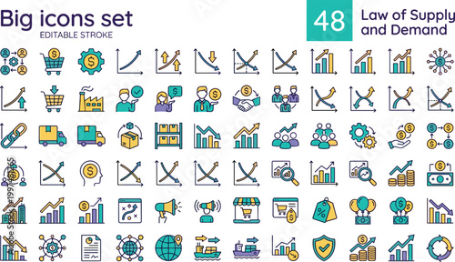 Law of supply and demand icon set color editable stroke collection economics market trade finance symbols for web UI design