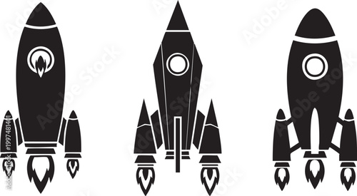Three black silhouette rocket ships with flames space exploration iconography