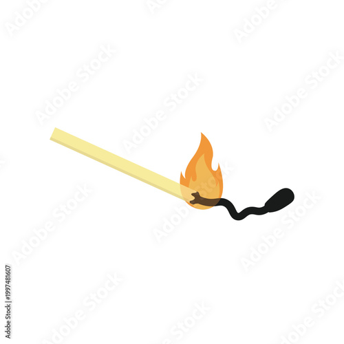 Macro shot of a burning matchstick with a bright orange flame and smoke isolated on a white background to ignite heat and danger