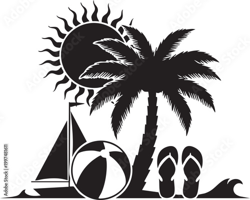 Tropical paradise silhouette sun palm tree sailboat beach accessories