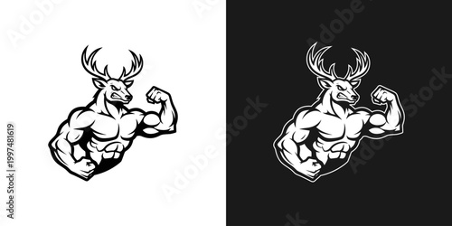Muscular reindeer mascot displaying strength vector illustration