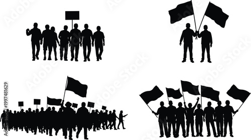 Protest crowd silhouettes with flags and banners isolated on white background, demonstration, activism, rally people group social movement vector illustration