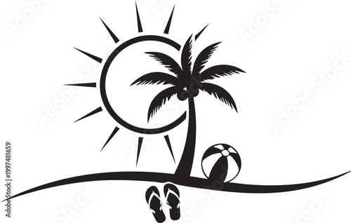 Tropical beach scene with palm tree sun sandals and beach ball