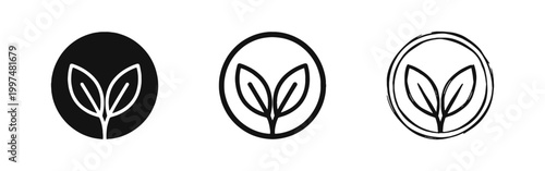 Sprout leaf icons set in circular frame with solid, outline, and hand-drawn styles for nature and environment concepts.