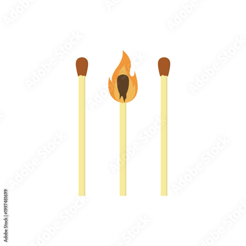Macro shot of a burning matchstick with a bright orange flame and smoke isolated on a white background to ignite heat and danger