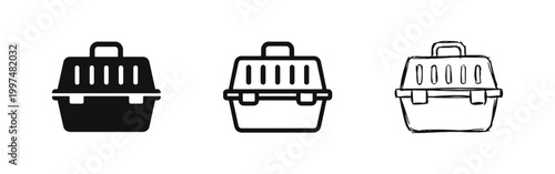 Pet carrier box icons set featuring solid, line, and hand-drawn doodle versions for travel and animal care.