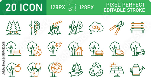 Eco environment icon set minimal line editable stroke collection nature conservation recycling sustainability forest symbols for web UI design