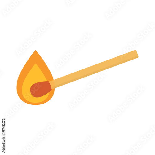 Macro shot of a burning matchstick with a bright orange flame and smoke isolated on a white background to ignite heat and danger
