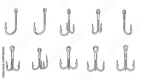 Set of ten different fishing hook designs including single, double, and treble hooks in black outline style on a white background.