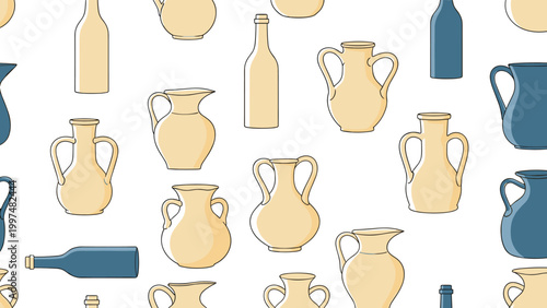 Delicate seamless pattern showing various jugs, bottles, and vases in soft yellow and blue tones on a white background for interior design.
