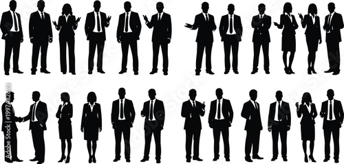 Business person silhouette set with professional men and women in suits shaking hands plus corporate workers posing for office designs