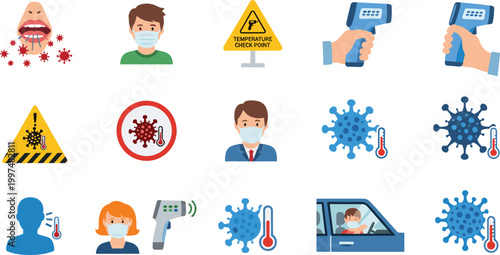 Coronavirus Prevention and Safety Icon Vector Set with Mask Temperature Check Virus Symbols and Health Protection Elements for Medical Awareness and Public Safety Design.