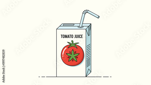 Bright illustration of a tomato juice carton featuring a red tomato image and a blue straw on a light cream background for food design.