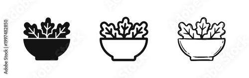 Healthy salad bowl icons with leaf greens in solid, outline, and hand-drawn styles for nutrition and diet.