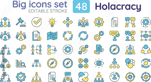 Holacracy organization icon set color editable stroke collection decentralized management teamwork structure workflow symbols for web UI design