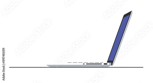 A sleek laptop with a blue screen displays a flate desain on a flat surface indoors.