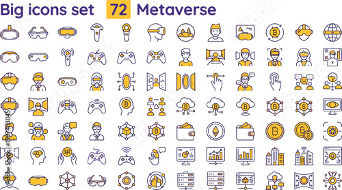 Metaverse icon set color editable stroke collection virtual reality blockchain gaming digital technology symbols for web UI design