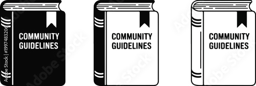 Three black and white book icons with community guidelines text and bookmarks representing terms of service rules and regulations