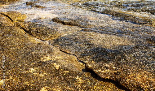 Natural rocky surface with sea water and sunlight reflections, abstract coastal texture in Egypt. Perfect background for design, nature and summer concept.