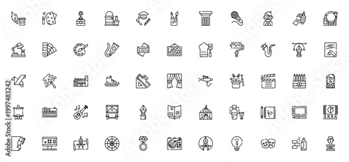 General arts icon set. Vector collection of creative symbols including ink, paint, palette, easel, music, theater, cinema, design, sketchbook, and more. Editable line art.