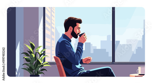 Man sitting by office window with flate desain city view