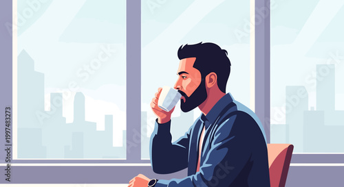 Man in office flate desain space sips coffee by window overlooking city
