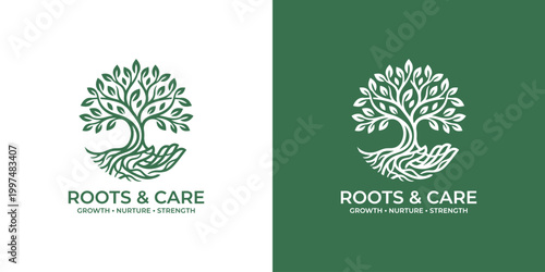 Tree of life logo design with hand and roots illustration