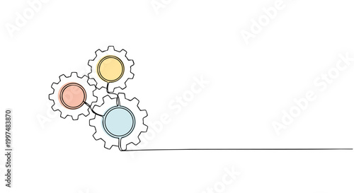 Tableau sur toile Three interlocking gears with coloured canters symbolize cooperation and connect