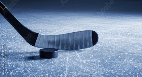 A dark ice hockey stick blade rests on a textured frozen surface beside a black rubber puck, showing the silent anticipation before a match, game, composite, exercise