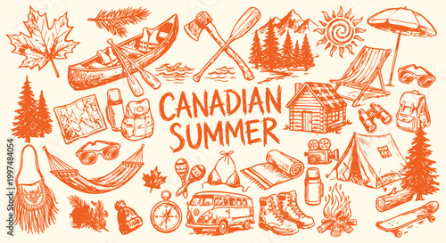 Hand drawn orange Canadian summer camping doodle icon set. Maple leaf, canoe, cabin, crossed axes, tent, campfire, mountains. For outdoor adventure brochure, nature poster. Vector art.