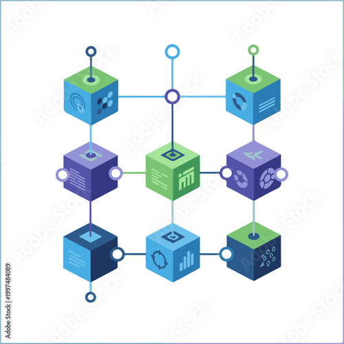 Colorful isometric cubes interconnected with thin lines representing a digital network structure for modern data analysis and business technology concepts