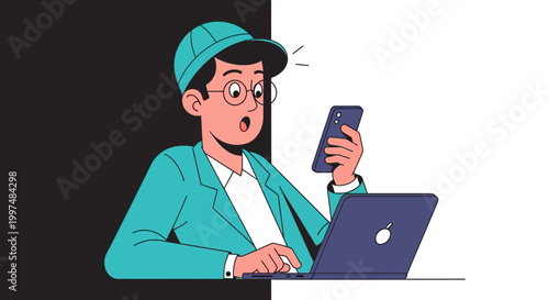 Surprised man working on laptop and phone.