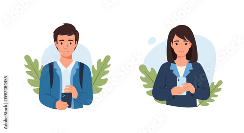 Diverse Young Adults Using Smartphones. Flat Illustration of Man and Woman Messaging, Browsing, and Interacting with Mobile Technology for Social Media and Digital Communication.