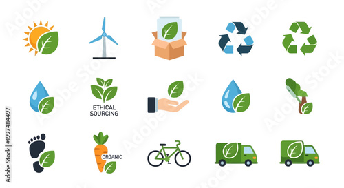 Sustainable Living & Eco-Friendly Icons: Green Energy, Recycling, Organic, Ethical Sourcing, Water, Nature, and Eco-Transport Concepts