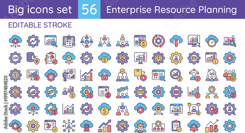 Enterprise resource planning icon set color editable stroke collection business management finance analytics workflow symbols for web UI design