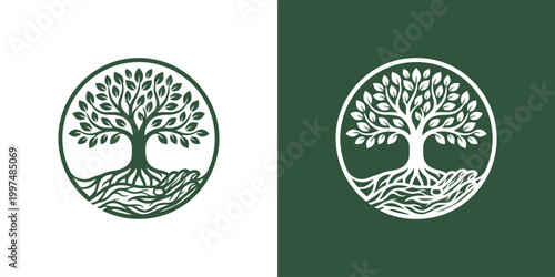 Tree of life emblem with roots and leaves