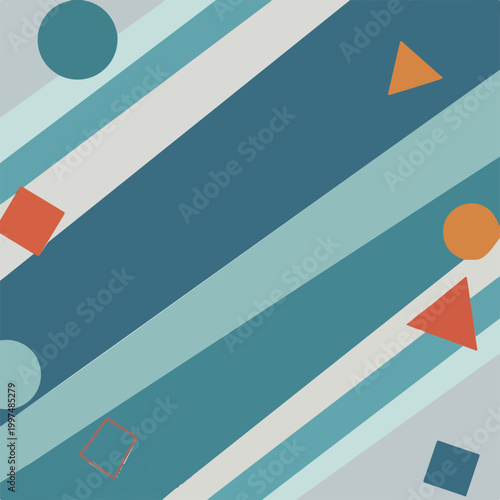 Abstract geometric background design featuring layered diagonal stripes combined with vibrant colored shapes on a soft muted blue palette